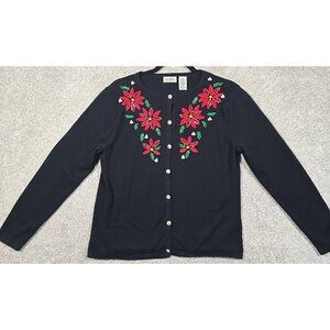 Christmas Sweater Poinsettia Embroidered Beaded Sequin Classic Elements Women M